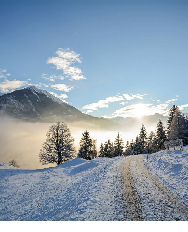 Winter-Panorama | Severin*s The Alpine Retreat Verschneite Berglandschaft mit Bäumen, nebelverhangenen Tälern und einem Weg unter blauem Himmel bei Sonnenaufgang.